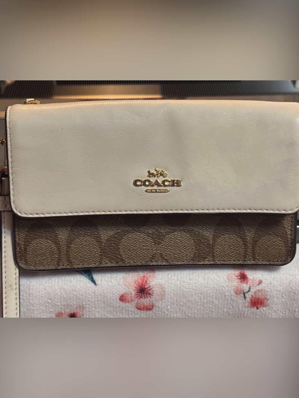 Coach White Leather Wristlet with Signature Brown Canvas Accent